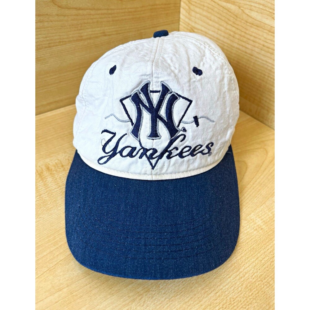Vintage 90s New York Yankees Hat #1 Apparel Big Logo Script White Navy Made USA